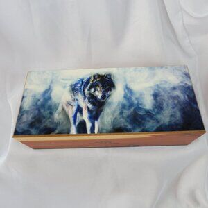 VTG Decorative Wolf Cedar Wood Jewelry Box 9.25"x4"x2.5"  Wall Drug South Dakota